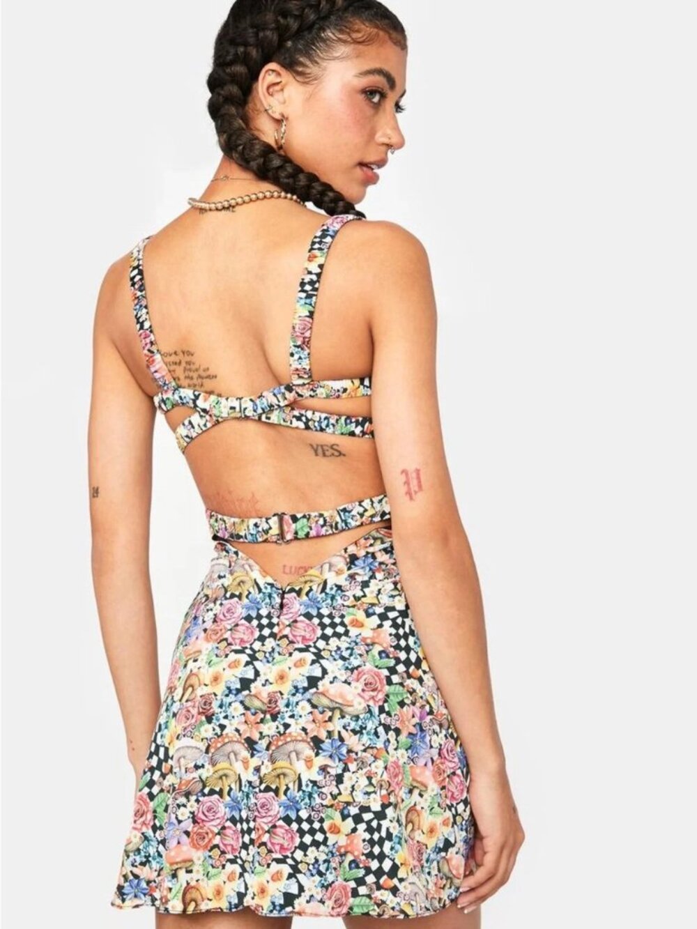 For Love and Lemons Rave Floral & Checkerboard Sun Dress Mushroom Motif S